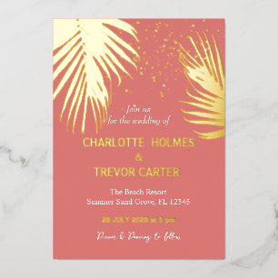 Coral Tropical Palms Summer Beach Wedding Gold