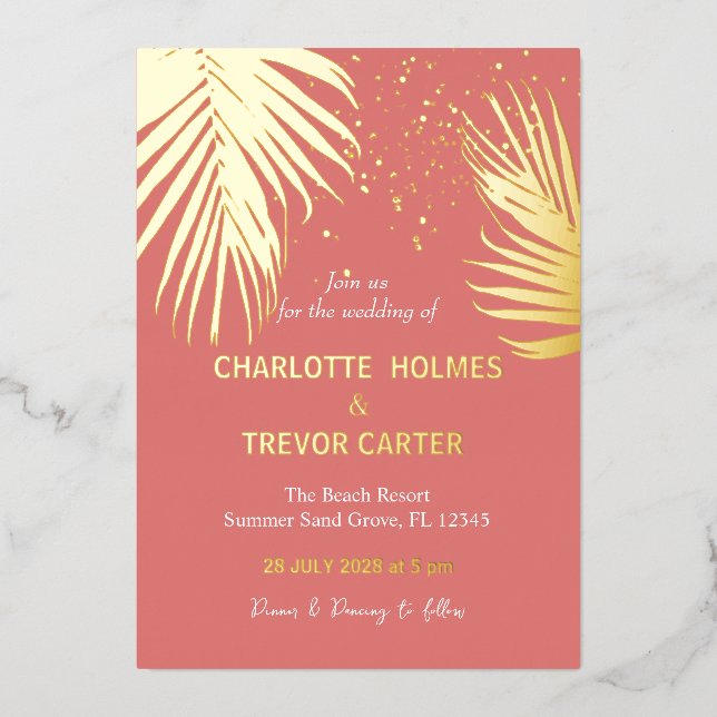 Coral Tropical Palms Summer Beach Wedding Gold (Front)
