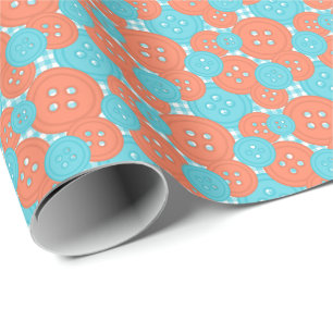 Coral Turq Buttons Gingham - Craft & Sewing Room Wrapping Paper