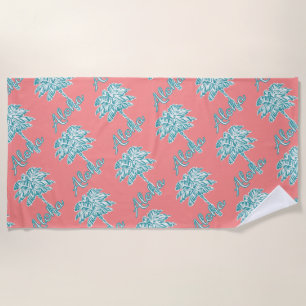 Coral Turquois White Palm Aloha Tropical  Beach Towel