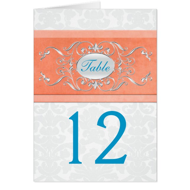 Coral, Turquoise, and Grey Damask Table Number (Front)