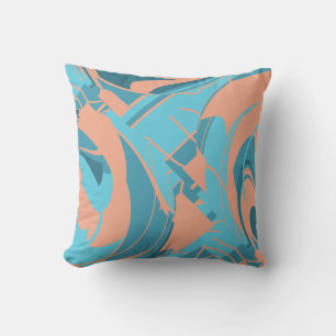 Coral Turquoise Aqua Swirling Lush Leaves Mosaic  Throw Pillow