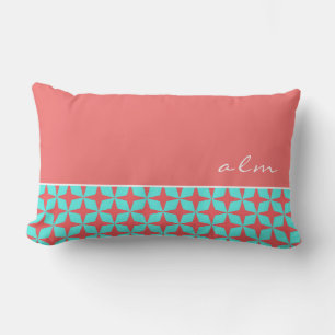 Coral & Turquoise Atomic Pattern   Monogram Lumbar Pillow