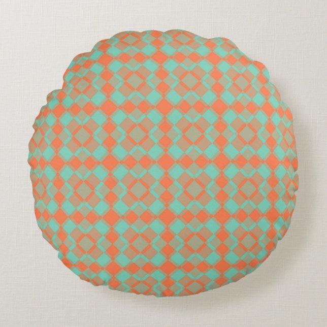 Coral Turquoise Chequered Argyle Pattern Round Pillow (Front)