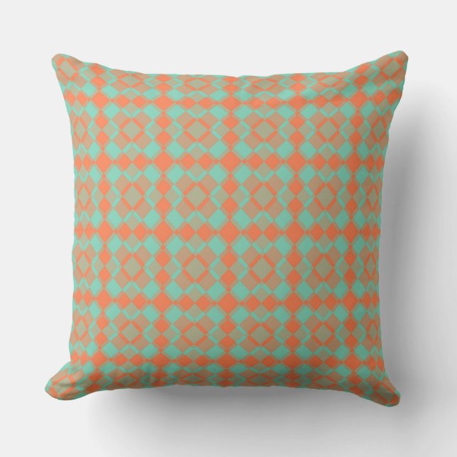 Coral Turquoise Chequered Argyle Pattern Throw Pillow (Front)