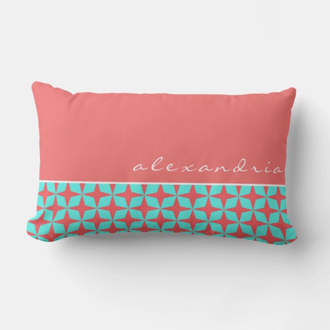 Coral & Turquoise Geometric Pattern | Custom Name Lumbar Pillow (Front)