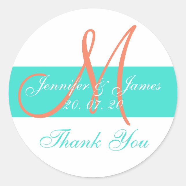 Coral Turquoise Moderne Mariage Stickers Merci (Devant)