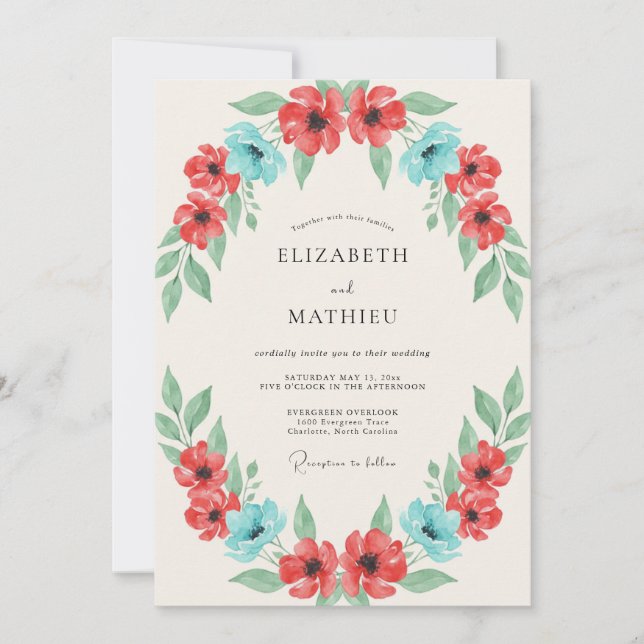 Coral Turquoise Poppy Wedding Invitation (Front)