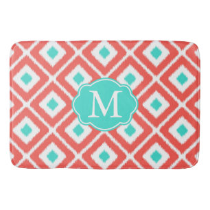Coral, Turquoise, White Ikat Diamond Pattern Bath Mat