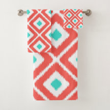 Coral, Turquoise, White Ikat Diamond Pattern