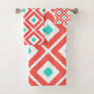 Coral, Turquoise, White Ikat Diamond Pattern Bath Towel Set
