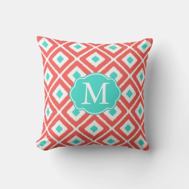 Coral, Turquoise, White Ikat Diamond Pattern Throw Pillow (Front)