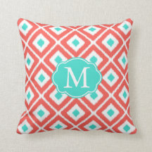 Coral, Turquoise, White Ikat Diamond Pattern