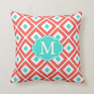 Coral, Turquoise, White Ikat Diamond Pattern Throw Pillow