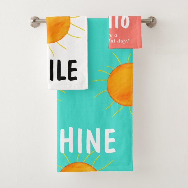 Coral Turquoise White Sunshine Typography Bath Towel Set (Insitu)