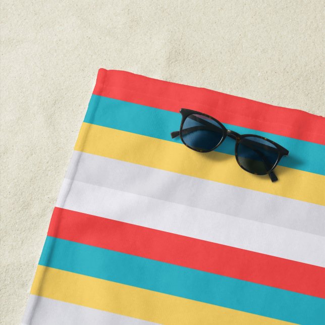 Coral Turquoise Yellow White Stripes Beach Towel (In Situ)