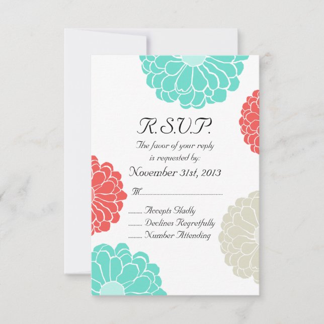 Coral Turquoise Zinnia Mariage Fleur RSVP (Devant)