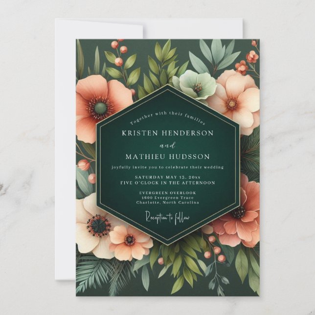Coral Verdant Bloom Wedding Invitation (Front)