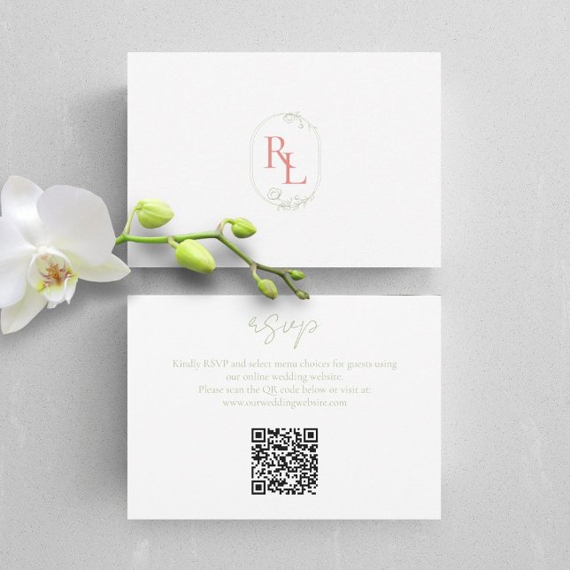 Coral Vert Blanc Floral Monogramme QR Mariage RSVP (Créateur téléchargé)