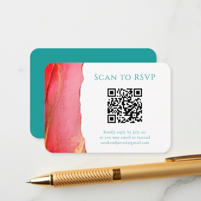 Coral vert QR Code Mariage RSVP Enclôture Carte (Devant/Arrière en situation)