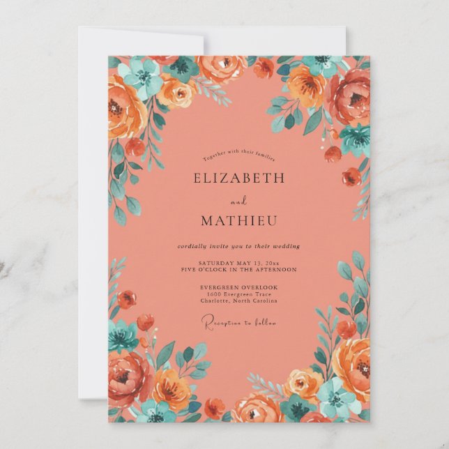 Coral Vibrant Botanical Wedding Invitation (Front)