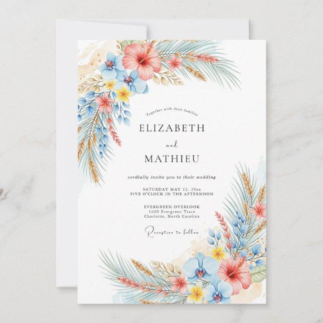 Coral Vibrant Tropical Wedding Invitation (Front)