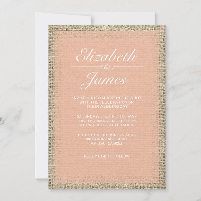 Coral Vintage Burlap Wedding Invitations (Front)