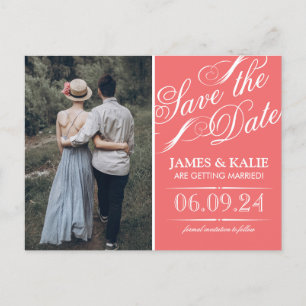 Coral Vintage Script Photo Save the Date Announcement Postcard