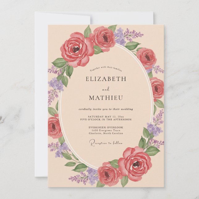 Coral Violet Ranunculus Eucalyptus Wedding Invitation (Front)