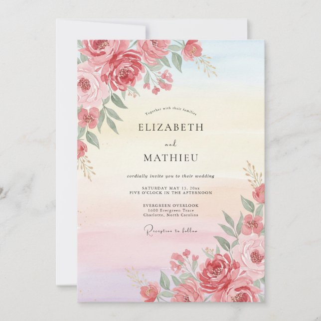 Coral Vivid Rose Wedding Invitation (Front)