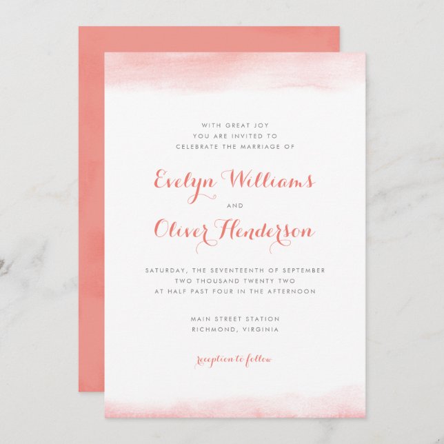 Coral Watercolor Dip Wedding Invitation (Front/Back)