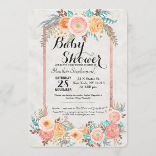 Coral Watercolor Flowers and Gold Baby Shower Invitation