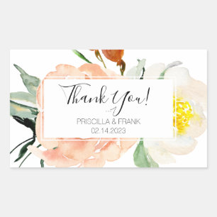 Coral Watercolor Flowers Wedding Thank You Sticker