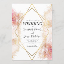 Coral watercolor geometric gold frame wedding