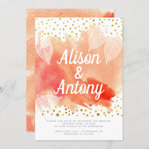Coral watercolor, gold confetti typography wedding invitation