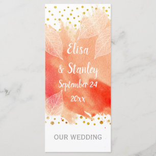 Coral watercolor, gold confetti wedding program