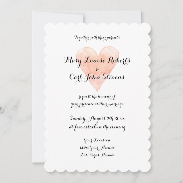 Coral watercolor heart wedding invitation template (Front)