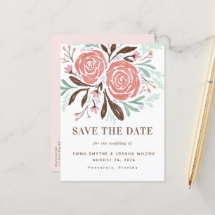 Coral Watercolor Rustic Rose Floral Save the Date Announcement Postcard