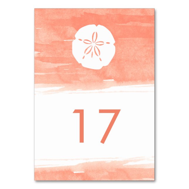 Coral Watercolor Sand Dollar Table Number (Front)