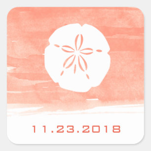 Coral Watercolor Sand Dollar Wedding Date Square Sticker