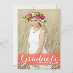 Coral Watercolor Splash Photo Graduation Invitation