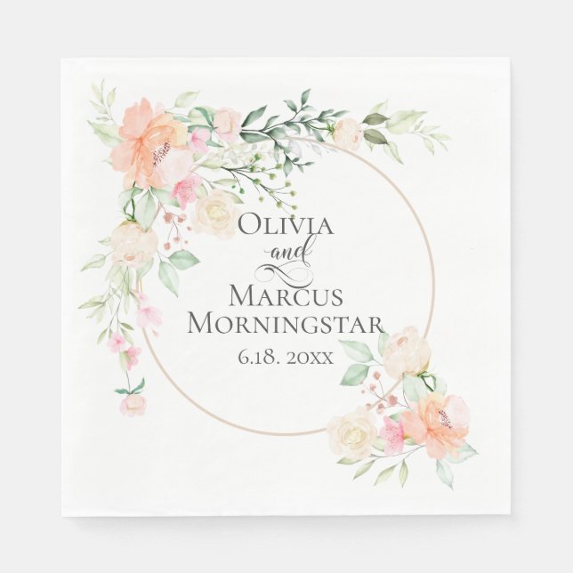 Coral Watercolor Spring Flower Bouquet Napkin (Front)