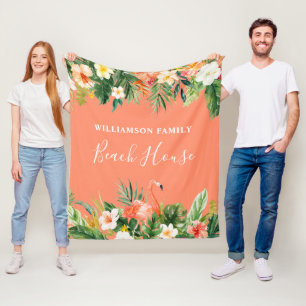 Coral Watercolor Tropical Floral Beach House Fleece Blanket