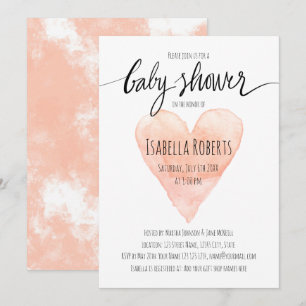 Coral watercolor typography baby shower invitation