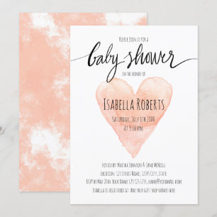 Coral watercolor typography baby shower invitation