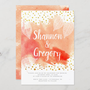 Coral watercolor with leaves gold confetti wedding invitation