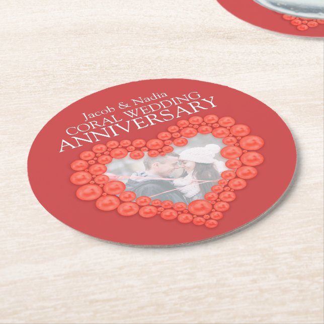 Coral wedding anniversary heart photo coasters (Angled)