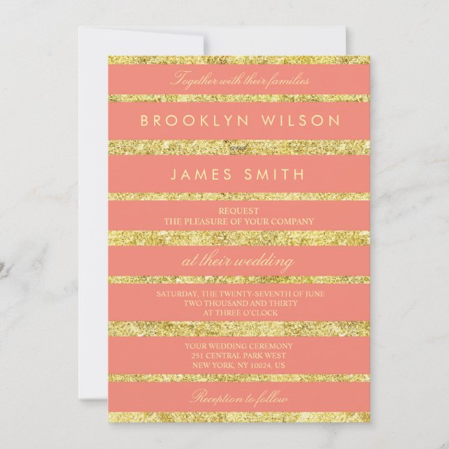 Coral Wedding Invitations With Gold Foil Effect (Front)