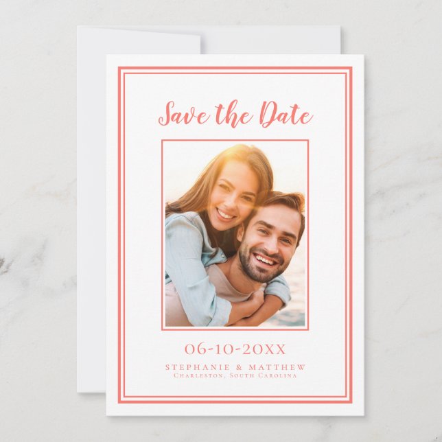 Coral Wedding Simple Engagement Picture Modern Save The Date (Front)