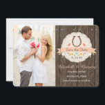 Coral Western Horseshoe Save the Date Card<br><div class="desc">THEY'RE GETTING HITCHED! LOVELY WESTERN BARNYARD STYLE SAVE THE DATE CARDS AND ANNOUNCEMENTS WITH A BROWN HORSESHOE AND A CORAL HEART FLANKING EACH SIDE OF IT ON A DELICATE CREAM PAPER DOILY LOOK DESIGN. PRETTY WHITE CHERRY BLOSSOM TREE BRANCHES OF FLOWERING LAUREL AND YELLOW SUNFLOWER DAISY BROWN EYED SUSAN AND...</div>